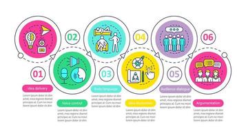 Plantilla de infografía vectorial de habilidades para hablar en público. entrega de ideas, lenguaje corporal, argumentación. visualización de datos con seis pasos y opción. gráfico de la línea de tiempo del proceso. diseño de flujo de trabajo con iconos vector