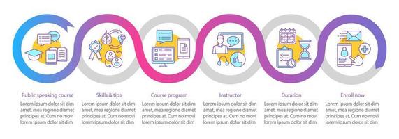 Public speaking course vector infographic template. Oratory training, skills, tips, program. Data visualization with six steps and option. Process timeline chart. Workflow layout with icons