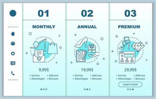 Clothing store services prices onboarding mobile app screens template. Walkthrough website pages. Shopping discounts. Monthly, annual, premium tariff plans steps. Smartphone payment web page layout vector