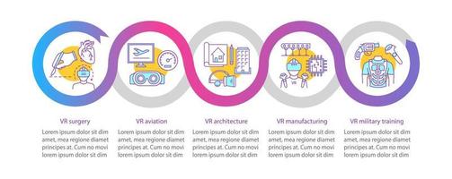 Realidad virtual aplicando plantilla de infografía vectorial. cirugía vr, aviación, arquitectura, manufactura. visualización de datos con cinco pasos, opción. gráfico de la línea de tiempo del proceso. diseño de flujo de trabajo con iconos vector