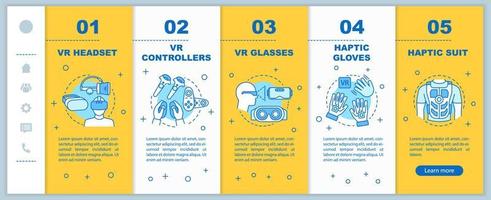 VR tools onboarding mobile web pages vector template. Virtual reality equipment. Responsive smartphone website interface idea with linear illustrations. Webpage walkthrough step screens. Color concept