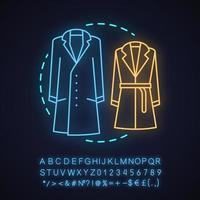 Coats neon light concept icon. Fall outfit. Autumn clothes. Clothing store idea. Glowing sign with alphabet, numbers and symbols. Vector isolated illustration