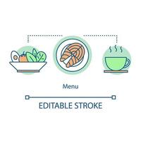 Menu concept icon. Dinner, lunch in cafe, restaurant idea thin line illustration. Cuisine, culinary. Salad, salmon fish, hot drink. Healthy nutrition. Vector isolated outline drawing. Editable stroke