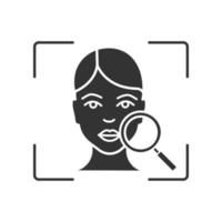 Face scanning glyph icon. Silhouette symbol. Facial recognition. Human head and magnifying glass. Face ID. Identity verification. Negative space. Vector isolated illustration