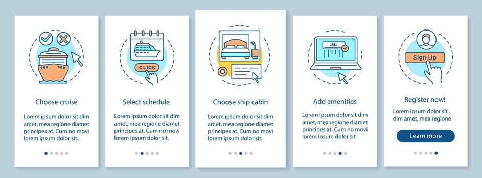 Cruise booking onboarding mobile app page screen, linear concepts. Travel agency walkthrough steps graphic instructions. Voyage, trip planning. UX, UI, GUI vector template with illustrations
