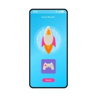 Game booster app smartphone interface vector template. Mobile app page blue design layout. Battery optimizer, cleaner screen. Flat UI for application. Gaming boost, optimization. Phone display