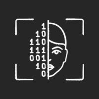 Face scanning procedure chalk icon. Facial recognition. Identity authentication. Binary code. Face ID scan software. Isolated vector chalkboard illustration