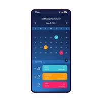 Plantilla de vector de interfaz de teléfono inteligente de recordatorio de cumpleaños. diseño de degradado azul de la página de la aplicación móvil. calendario de cumpleaños, pantalla del organizador. interfaz de usuario plana para la aplicación. notificador de vacaciones. pantalla del teléfono