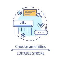 Choose amenities concept icon. Internet and climate control. Conditioner, Wi-Fi router, menu selection. Apartment booking idea thin line illustration. Vector isolated outline drawing. Editable stroke