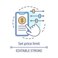 Set price limit concept icon. Advanced search options. Smartphone, hand, setting with slider buttons. Price preferences idea thin line illustration. Vector isolated outline drawing. Editable stroke