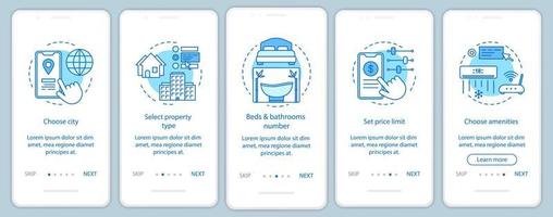 alquiler de propiedad onboarding pantalla de página de aplicación móvil con conceptos lineales. agencia inmobiliaria. reserva de hotel paso a paso pasos instrucciones gráficas. ux, ui, plantilla de vector de interfaz gráfica de usuario con ilustraciones