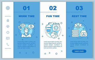 Time management onboarding mobile web pages vector template. Responsive smartphone website interface idea with linear illustrations. Work time webpage walkthrough step screens. Color concept