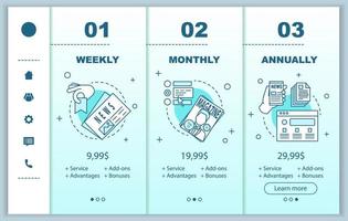 suscripción a periódicos incorporando pantallas de aplicaciones móviles con precios de servicio. publicaciones periódicas, recorridos, plantillas de páginas de sitios web. Pasos de planes tarifarios semanales y mensuales. diseño web de pago de teléfono inteligente vector