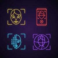 Facial recognition neon light icons set. Biometric identification. Faceprint analysis, face scan smartphone app rejection, binary code, 3d ID scnner. Glowing signs. Vector isolated illustrations