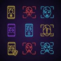 Facial recognition neon light icons set. Face lock, banking, approved, protection smartphone apps, scanning process, reader, markers, ID scan unidentified. Glowing signs. Vector isolated illustrations