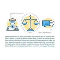 Law enforcement concept linear illustration. Article, brochure, magazine page. Policeman, scales of justice. Thin line icons with text. Print design. Vector isolated outline drawing