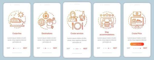 Cruise information onboarding mobile app page screen with linear concepts. Cruise line, destinations, services walkthrough steps graphic instructions. UX, UI, GUI vector template with illustrations