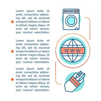 Plantilla de vector de página de artículo de instalaciones de crucero. lavandería, internet, comidas. folleto, revista, elemento de diseño de folleto con iconos lineales, cuadros de texto. diseño de impresión. ilustraciones de concepto con espacio de texto