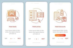 Pantalla de la página de la aplicación móvil de incorporación de reservas en línea de hotel con conceptos lineales. ofertas de hoteles, precios, descuentos tutorial pasos instrucciones gráficas. ux, ui, plantilla de vector de interfaz gráfica de usuario con ilustraciones