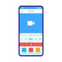 Video editing smartphone app interface vector template. Mobile camera application interface blue design layout. Video editor, maker software screen. Flat UI. Phone display with media player