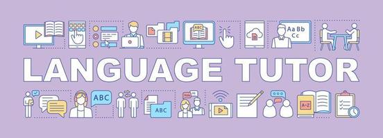 Language tutor word concepts banner. Video tutorials, courses, speaking club. Presentation. Foreign language learning. Isolated lettering typography idea with linear icons. Vector outline illustration