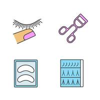 Eyelash extension color icons set. Stop touching lashes, curler, disposable eyeshadow pads, eyelash extension packaging. Isolated vector illustrations