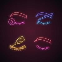 Conjunto de iconos de luz de neón de extensión de pestañas. pegamento para pestañas postizas, prebase para extensión de pestañas, racimo, ojo cerrado de mujer. signos brillantes. ilustraciones vectoriales aisladas vector