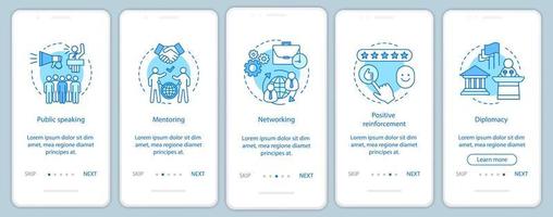 Business skills onboarding mobile app page screen vector template. Public speaking, mentoring, networking. Employee abilities walkthrough website steps. UX, UI, GUI smartphone interface concept