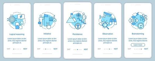 Plantilla de vector de pantalla de página de aplicación móvil de incorporación de pensamiento analítico. Pasos del sitio web del tutorial de habilidades blandas de recursos humanos. observación, iniciativa, lluvia de ideas. concepto de interfaz de teléfono inteligente ux, ui, gui