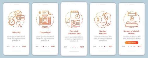 planificación de viajes incorporación de plantilla de vector de pantalla de página de aplicación móvil. Pasos del sitio web del tutorial de reserva de hotel. alojamiento, reserva de apartamento. concepto de interfaz de teléfono inteligente ux, ui, gui