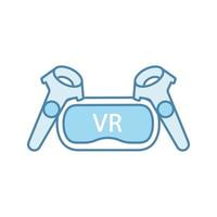 VR set color icon. Virtual reality headset and controllers. VR glasses with remote control, gamepad. Isolated vector illustration