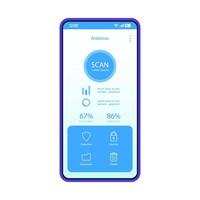 Antivirus smartphone app interface vector template. Mobile anti-malware application page blue design layout. Virus and digital threats scan screen. Flat UI. Phone display with errors statistics