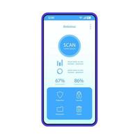 plantilla de vector de interfaz de aplicación de teléfono inteligente antivirus. diseño de diseño azul de la página de la aplicación antimalware móvil. pantalla de escaneo de virus y amenazas digitales. ui plana. pantalla del teléfono con estadísticas de errores