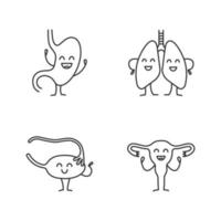 Smiling human internal organs characters linear icons set. Thin line contour symbols. Happy stomach, lungs, ovary, fallopian tube, uterus. Isolated vector outline illustrations. Editable stroke