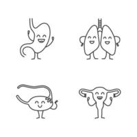 Smiling human internal organs characters linear icons set. Thin line contour symbols. Happy stomach, lungs, ovary, fallopian tube, uterus. Isolated vector outline illustrations. Editable stroke