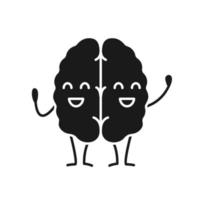 Happy human brain character glyph icon. Silhouette symbol. Healthy nervous system. Negative space. Vector isolated illustration