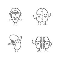 Smiling human internal organs characters linear icons set. Thin line contour symbols. Happy tongue, brain, spleen, kidneys. Isolated vector outline illustrations. Editable stroke