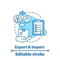 Export and import concept icon. Parcel delivery service. Logistics and distribution. Global trading idea thin line illustration. Goods distributing. Vector isolated outline drawing. Editable stroke