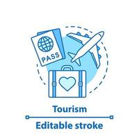 Tourism concept icon. Travel idea thin line illustration. Summer vacation. Trip, journey. Vector isolated outline drawing. Editable stroke
