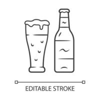 Beer linear icon. Uncorked bottle and glass of beverage. Bottled and draft lager. Alcoholic drink. Pint of ale. Thin line illustration. Contour symbol. Vector isolated outline drawing. Editable stroke