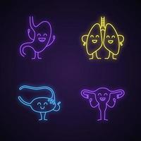 Smiling human internal organs characters neon light icons set. Glowing signs. Happy stomach, lungs, ovary, fallopian tube, uterus. Healthy digestive, respiratory systems. Vector isolated illustrations