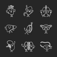 Smiling human internal organs characters chalk icons set. Healthy cardiovascular, digestive, respiratory, reproductive, lymphatic, urinary systems. Isolated vector chalkboard illustrations