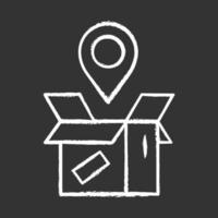 Parcel tracking chalk icon. Package location monitoring. Order status postal tracking and tracing. Delivery service. Cardboard box with map pin. Isolated vector chalkboard illustration
