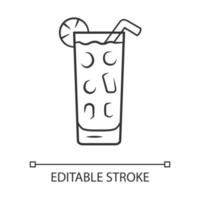 Cocktail in highball glass linear icon. Summer icy refreshing soft drink with lemon and straw. Gin and tonic. Thin line illustration. Contour symbol. Vector isolated outline drawing. Editable stroke