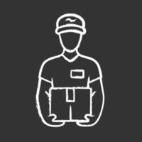 Deliveryman with parcel chalk icon. Courier holding cardboard box. Postman, messenger with package. Delivery, postal service. Express shipping. Isolated vector chalkboard illustration