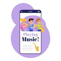 Playing music smartphone app screen. Mobile phone display with cartoon characters design mockup. Wind instrument training. Educational game kids application telephone interface vector