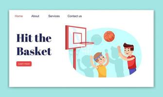 golpear la plantilla de vector de página de destino de la cesta. sección de deportes para niños idea de interfaz de sitio web con ilustraciones planas. diseño de la página de inicio del concurso de baloncesto para niños. banner web, concepto de dibujos animados de página web