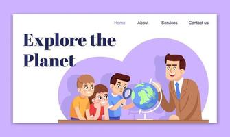 Explore the planet landing page vector template. Geographical club for kids website interface idea with flat illustrations. After school homepage layout. Web banner, webpage cartoon concept