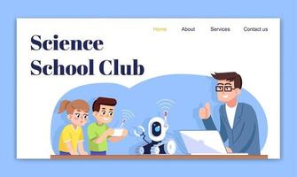 plantilla de vector de página de destino de club de escuela de ciencias. idea de interfaz de sitio web de educación de robótica para niños con ilustraciones planas. Diseño de página de inicio de aprendizaje de ciencias digitales. banner web, concepto de dibujos animados de página web