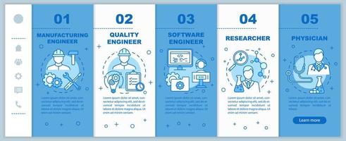 Bioengineering jobs onboarding mobile web pages vector template. Researcher. Responsive smartphone website interface idea with linear illustrations. Webpage walkthrough step screens. Color concept